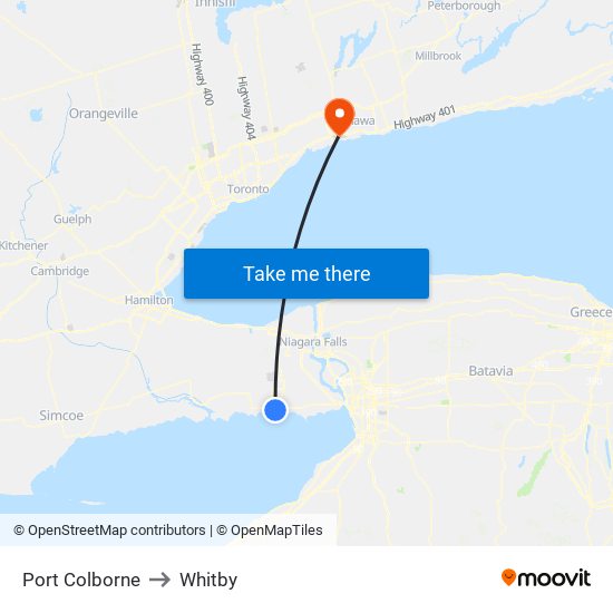 Port Colborne to Whitby map
