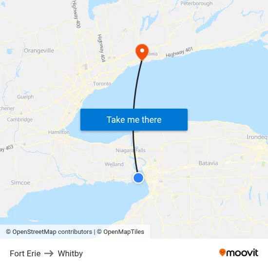 Fort Erie to Whitby map