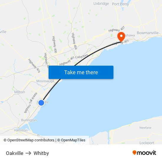 Oakville to Whitby map