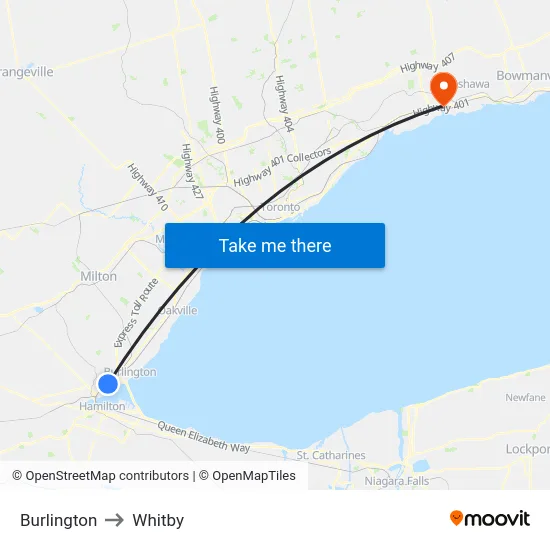 Burlington to Whitby map