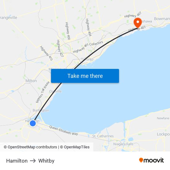 Hamilton to Whitby map