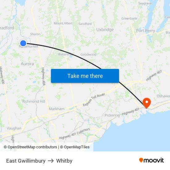 East Gwillimbury to Whitby map