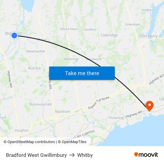 Bradford West Gwillimbury to Whitby map