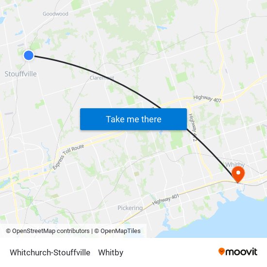 Whitchurch-Stouffville to Whitby map