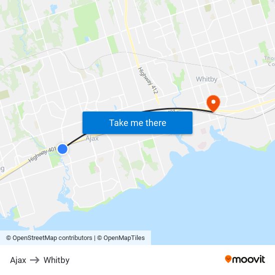 Ajax to Whitby map