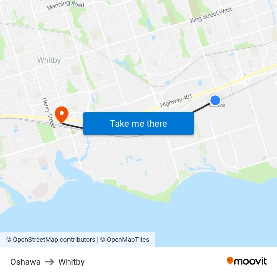 Oshawa to Whitby map