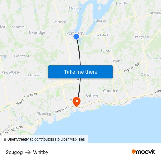 Scugog to Whitby map