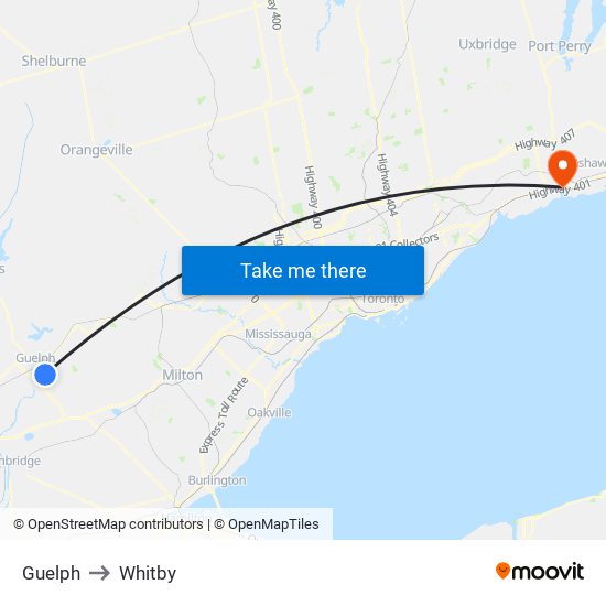 Guelph to Whitby map