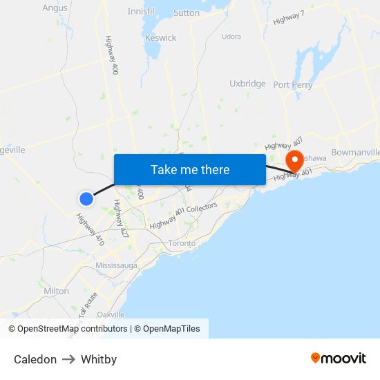 Caledon to Whitby map