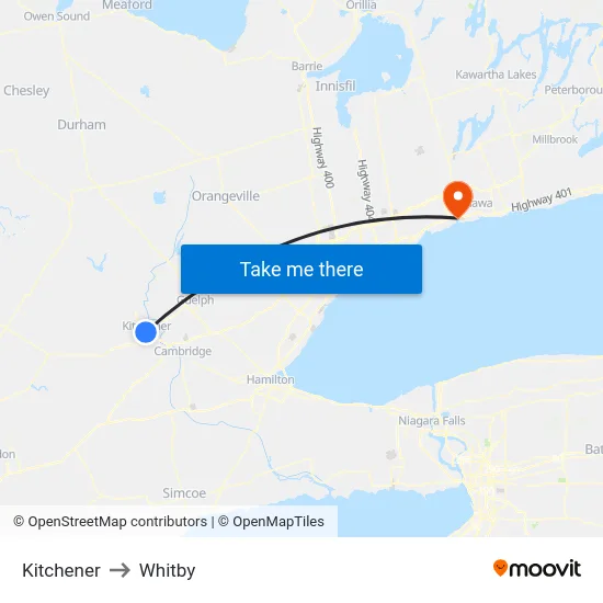 Kitchener to Whitby map