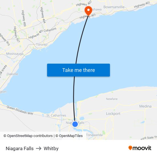 Niagara Falls to Whitby map