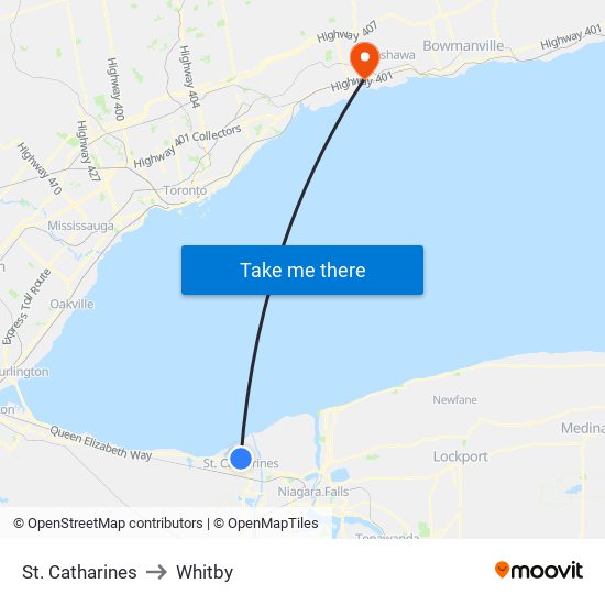 St. Catharines to Whitby map