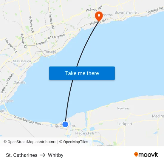St. Catharines to Whitby map