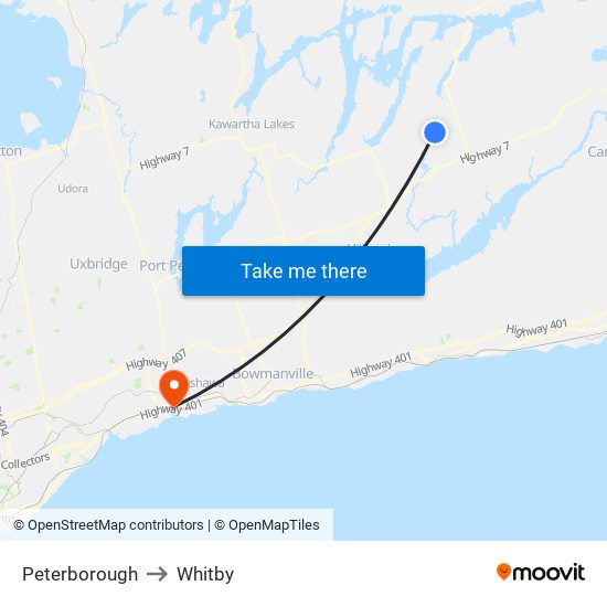Peterborough to Whitby map