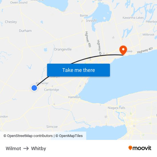 Wilmot to Whitby map