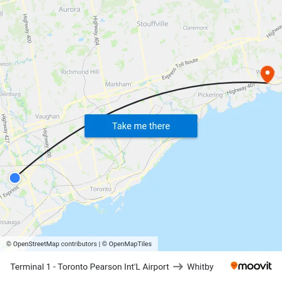 Terminal 1 - Toronto Pearson Int'L Airport to Whitby map
