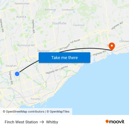Finch West Station to Whitby map