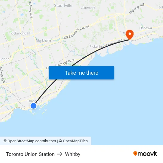 Toronto Union Station to Whitby map