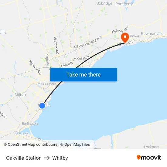 Oakville Station to Whitby map