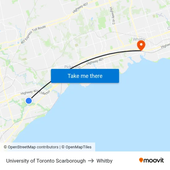 University of Toronto Scarborough to Whitby map