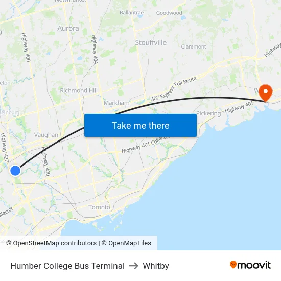 Humber College Bus Terminal to Whitby map