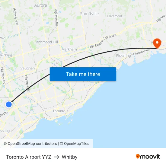 Toronto Airport YYZ to Whitby map