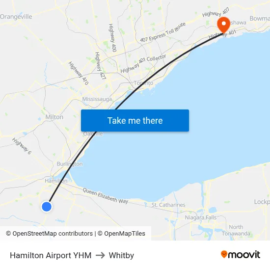 Hamilton Airport YHM to Whitby map
