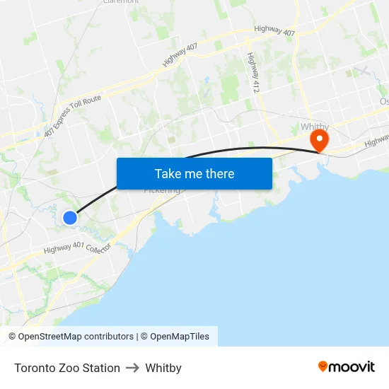 Toronto Zoo Station to Whitby map