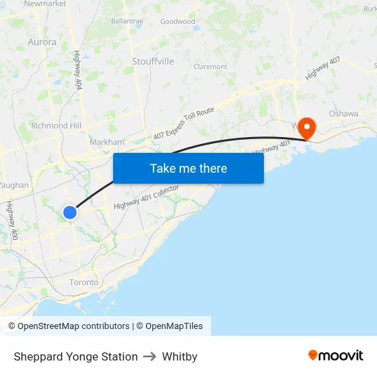 Sheppard Yonge Station to Whitby map