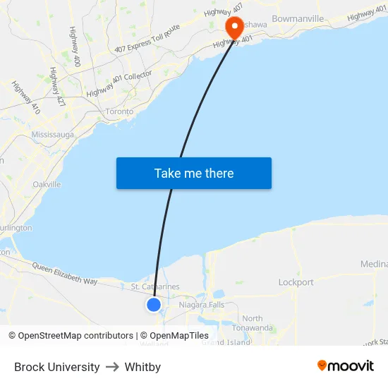 Brock University to Whitby map