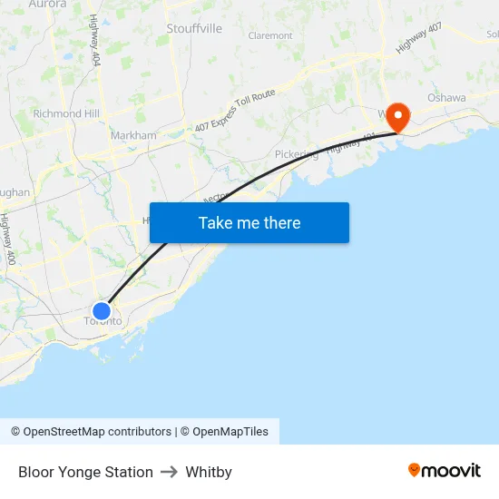 Bloor Yonge Station to Whitby map