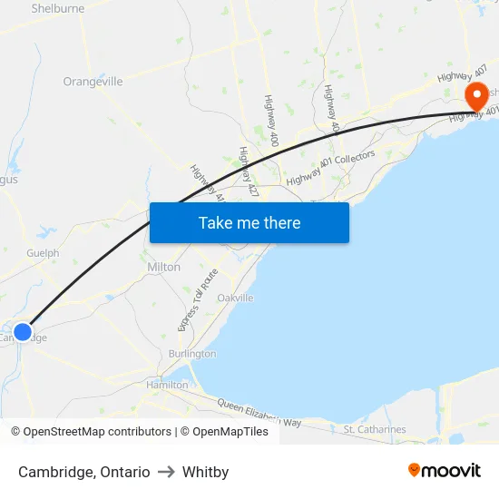 Cambridge, Ontario to Whitby map