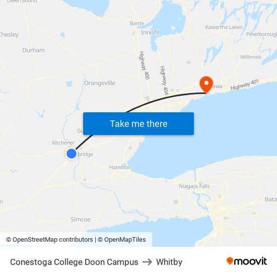 Conestoga College Doon Campus to Whitby map