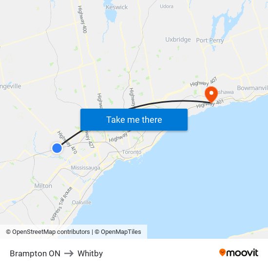 Brampton ON to Whitby map