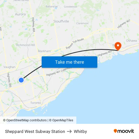 Sheppard West Subway Station to Whitby map