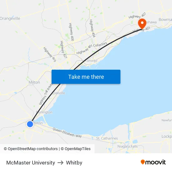 McMaster University to Whitby map
