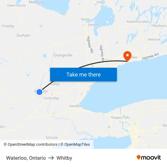 Waterloo, Ontario to Whitby map