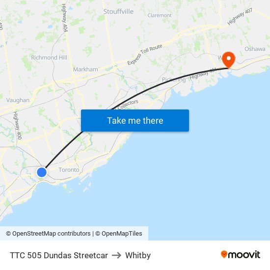 TTC 505 Dundas Streetcar to Whitby map