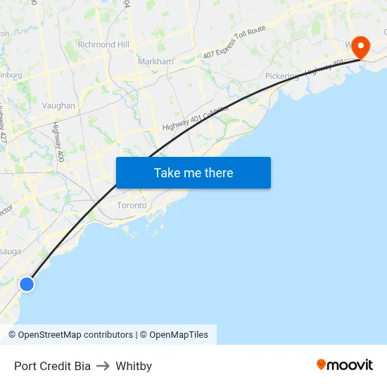 Port Credit Bia to Whitby map