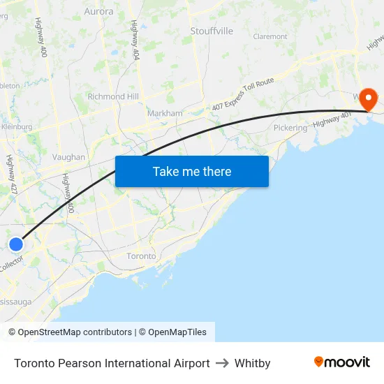 Toronto Pearson International Airport to Whitby map
