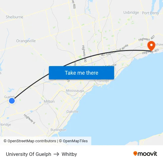 University Of Guelph to Whitby map