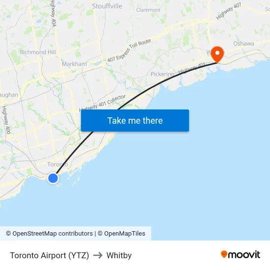 Toronto Airport (YTZ) to Whitby map