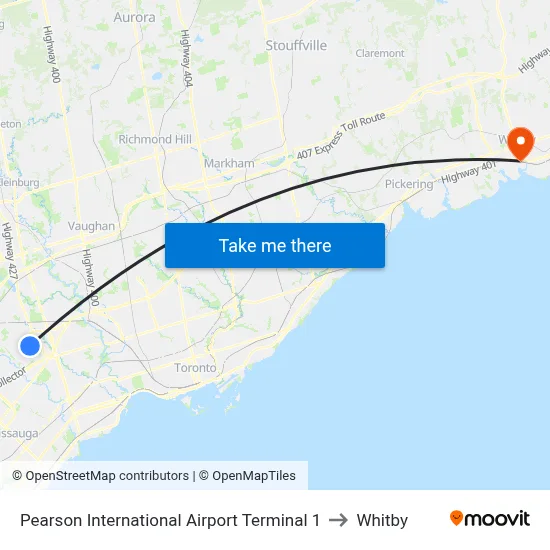 Pearson International Airport Terminal 1 to Whitby map