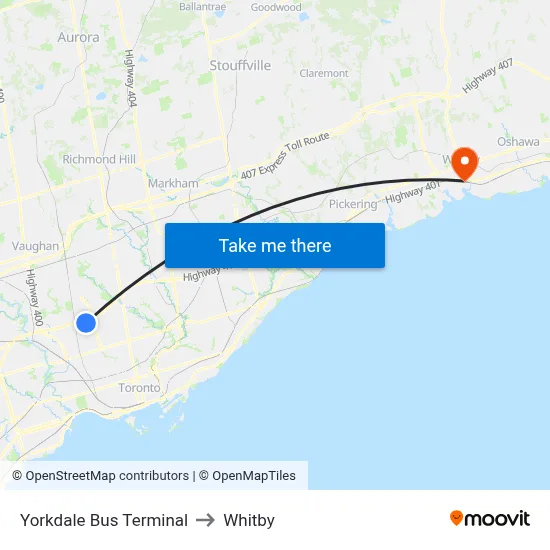 Yorkdale Bus Terminal to Whitby map