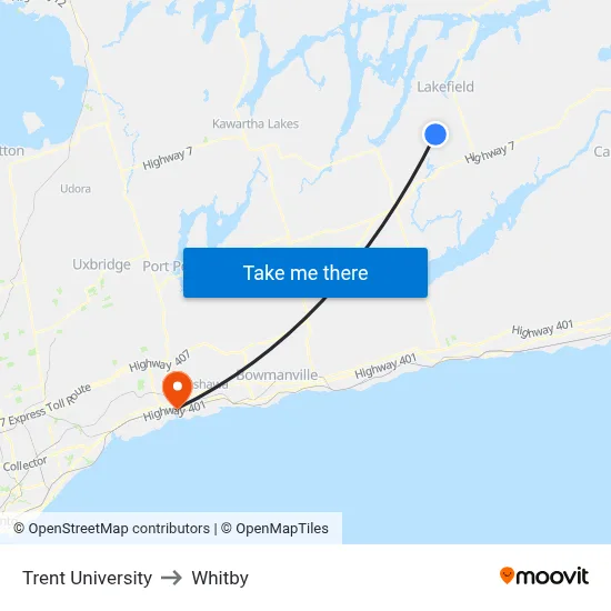 Trent University to Whitby map