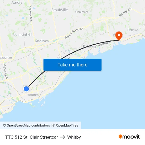 TTC 512 St. Clair Streetcar to Whitby map