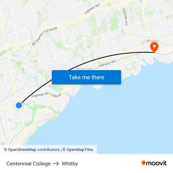 Centennial College to Whitby map
