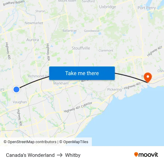 Canada’s Wonderland to Whitby map