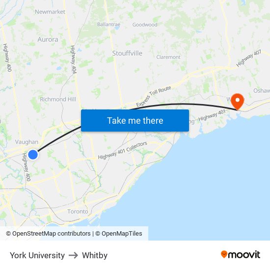 York University to Whitby map