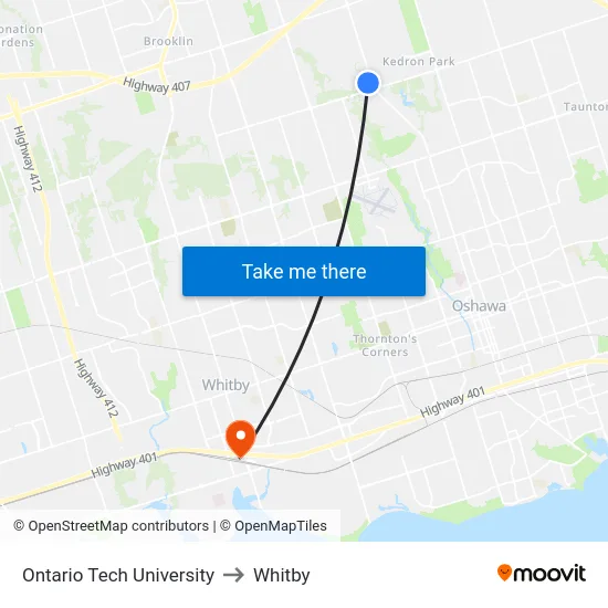 Ontario Tech University to Whitby map